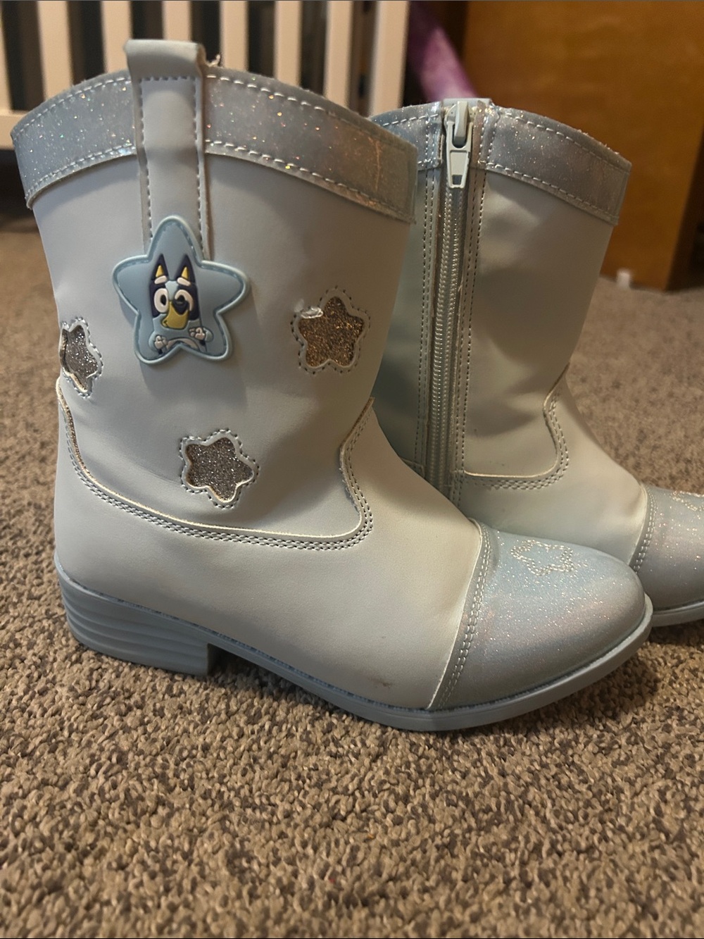 Girls Light Blue Glitter Star Boots with Character Accent